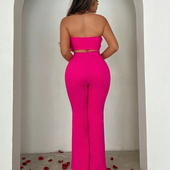 Pink Casual Womens Pleated Ruffle Strapless Red Pink Bandeau Top And Flare Pants - Picture 2 of 5